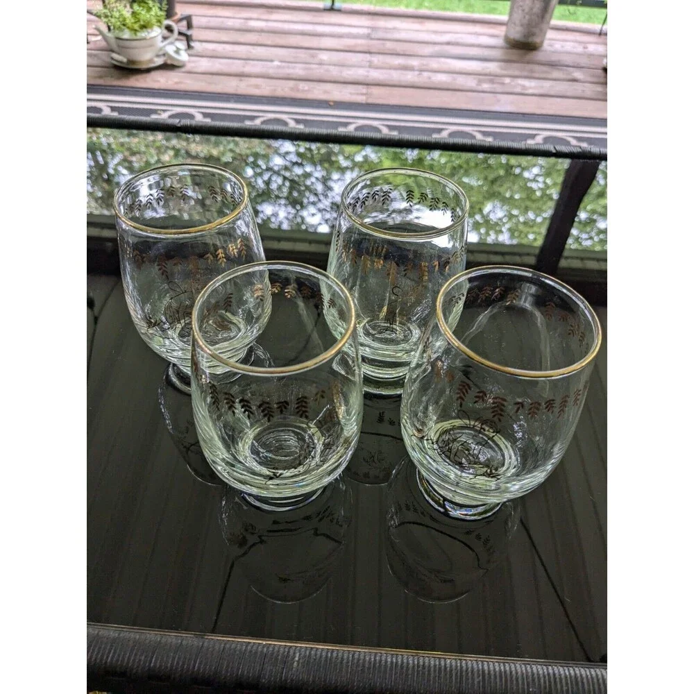 White Rock Tumblers Set 4 Nymph Fairy VTG GingerAle Gold Paint Glass MCM 50s 60s